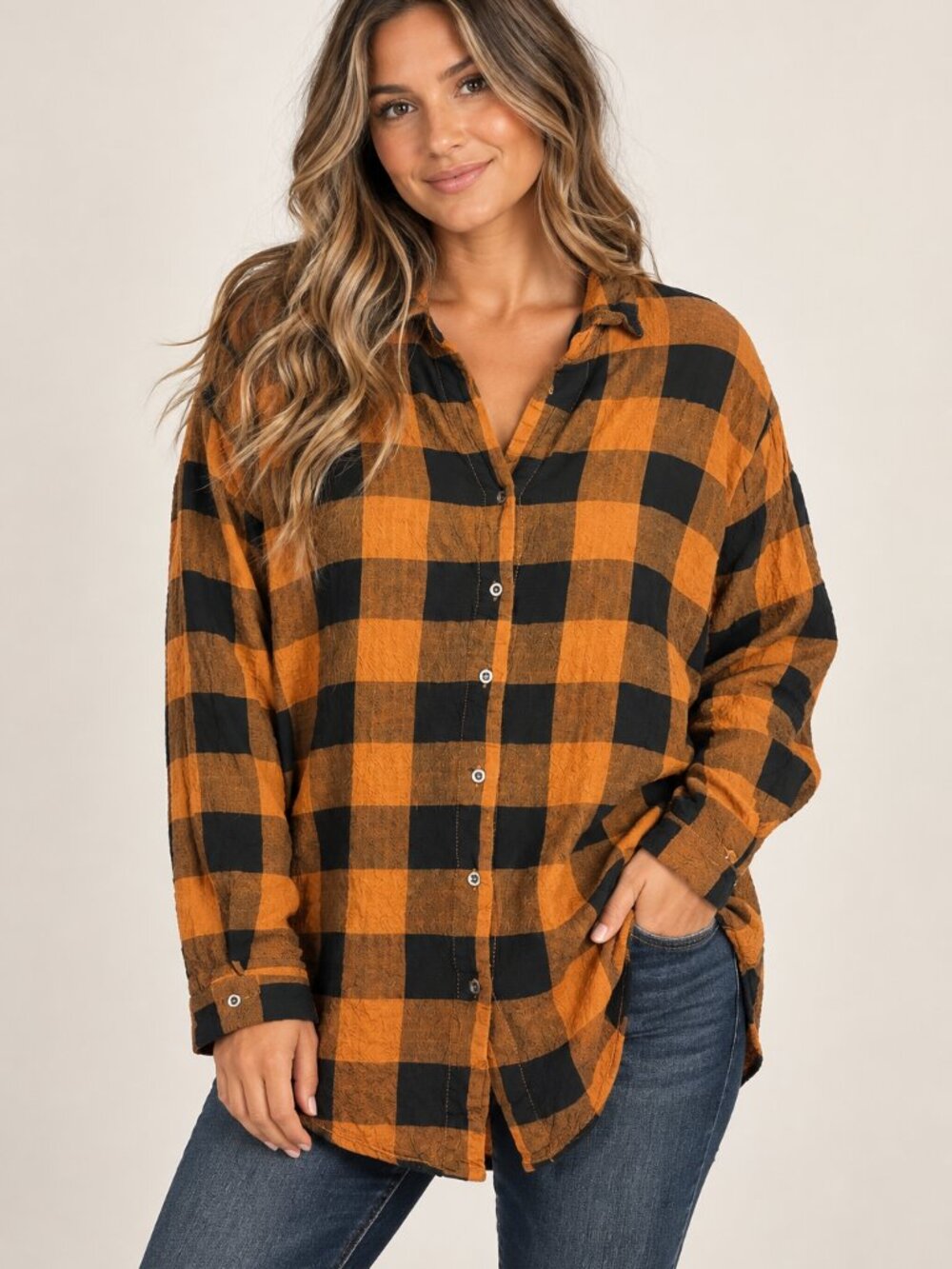 Jane and Delancey Size M Button Front Top Buffalo Plaid Orange Black Gauze Fall